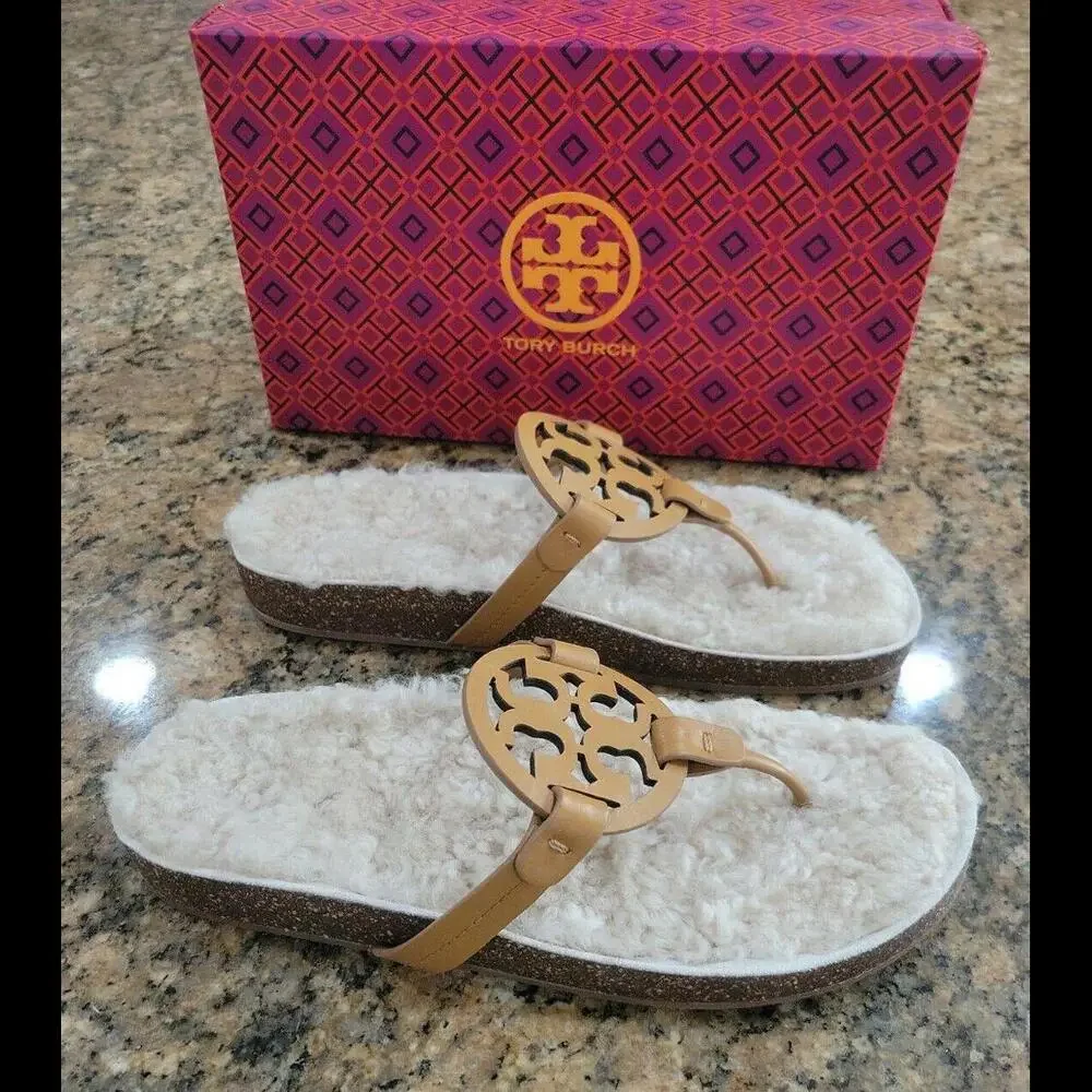 Tory Burch Miller Cloud Shearling Leather Sandal Thongs Shoe Carmel 10 New $268 - Picture 5 of 9
